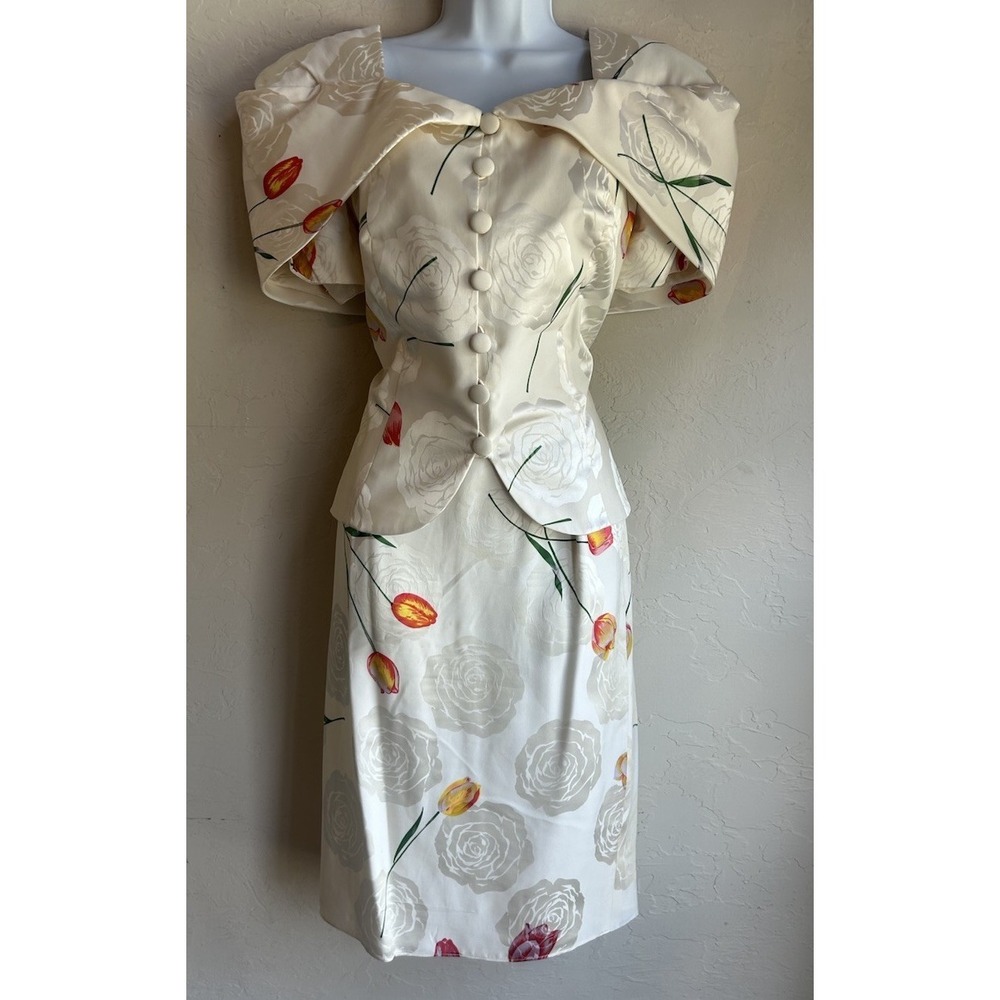 Vintage Raul Blanco 100% Silk Set 10 Tulip Cape Collar Top Skirt Suit Romantic